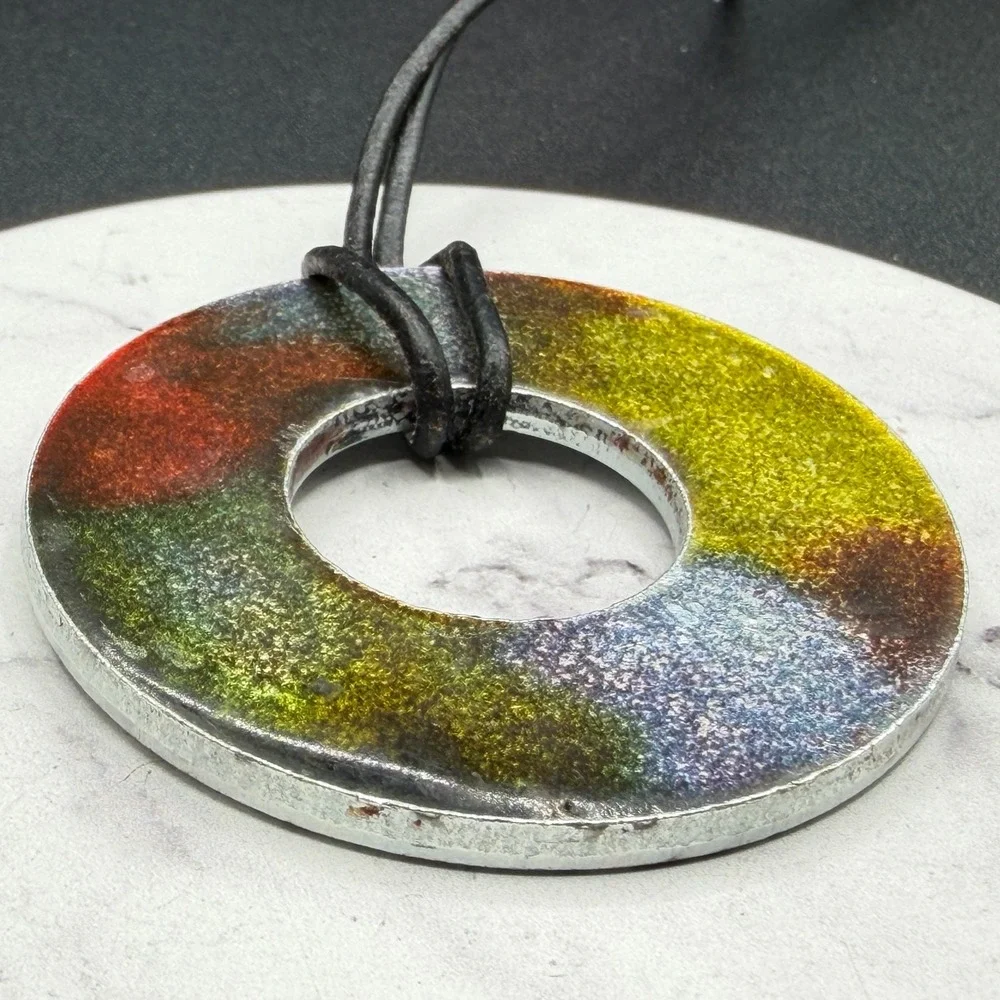 SA Signed Multicolor Glitter Donut Pendant Black Cord Necklace Modernist Art